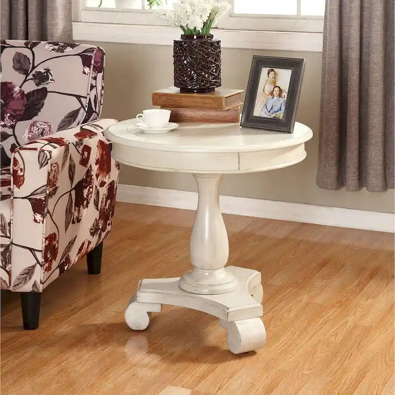 Table d'appoint piédestal ronde en bois René avec pieds à volutes