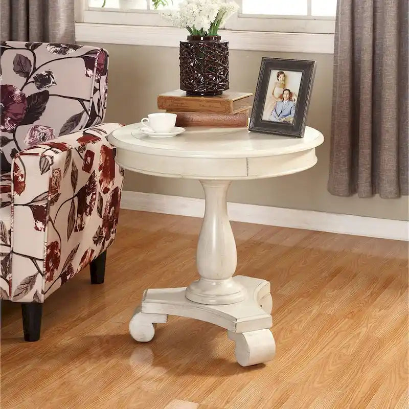 Table d'appoint piédestal ronde en bois René avec pieds à volutes