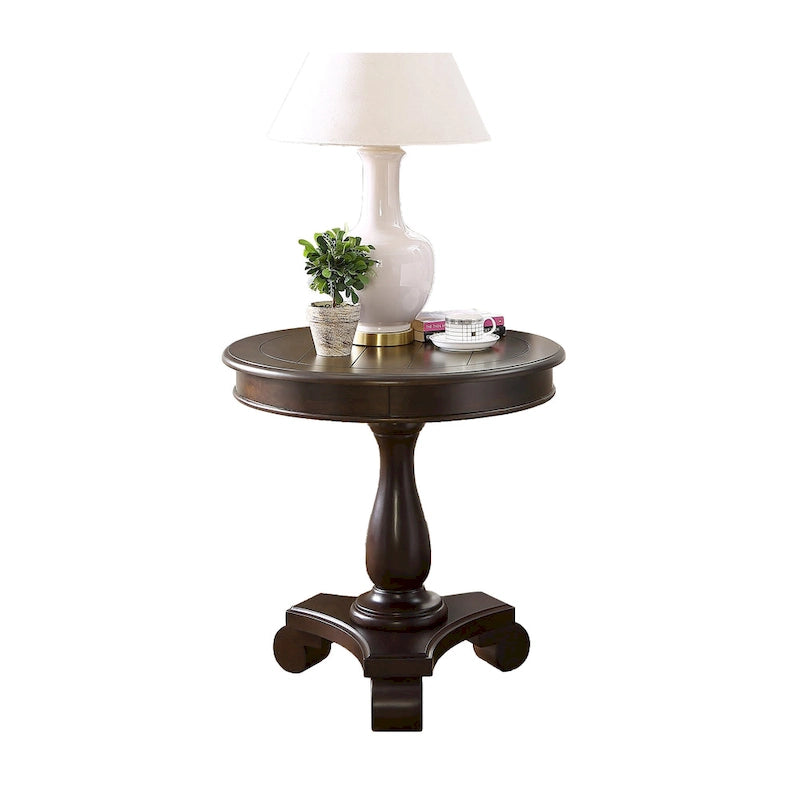 Table d'appoint piédestal ronde en bois René avec pieds à volutes