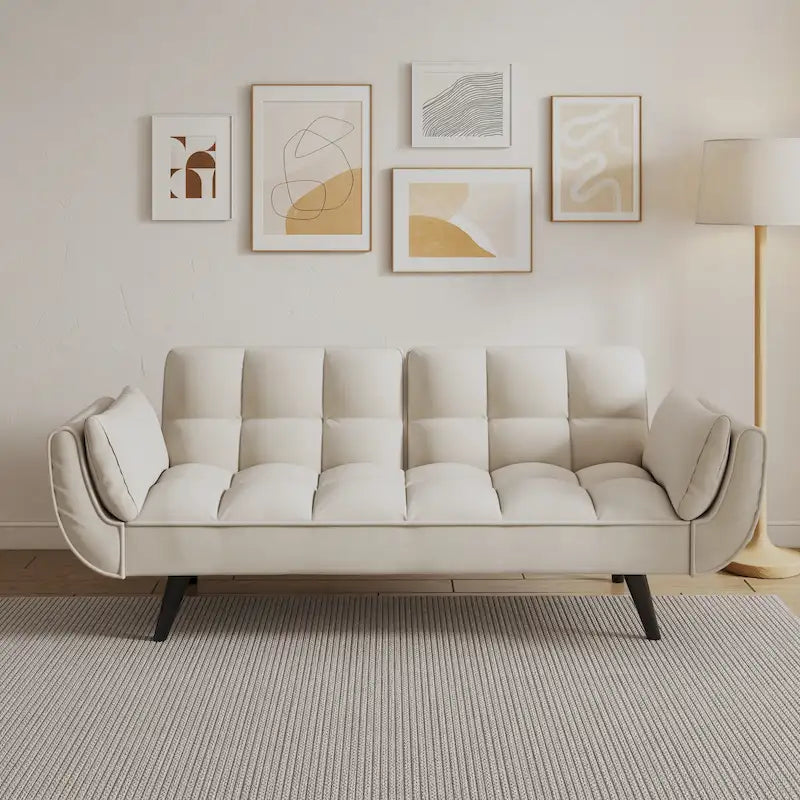 Canapé-lit 57, Futon confortable en mélange de polyester avec 2 oreillers carrés, Canapé-lit convertible avec dossier réglable
