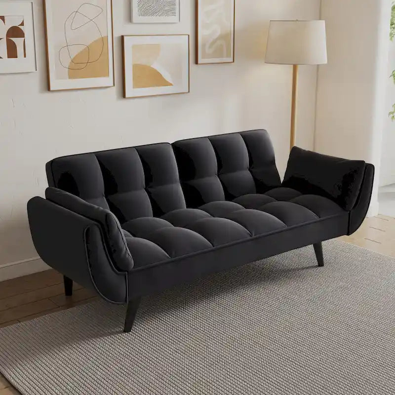 Canapé-lit 57, Futon confortable en mélange de polyester avec 2 oreillers carrés, Canapé-lit convertible avec dossier réglable