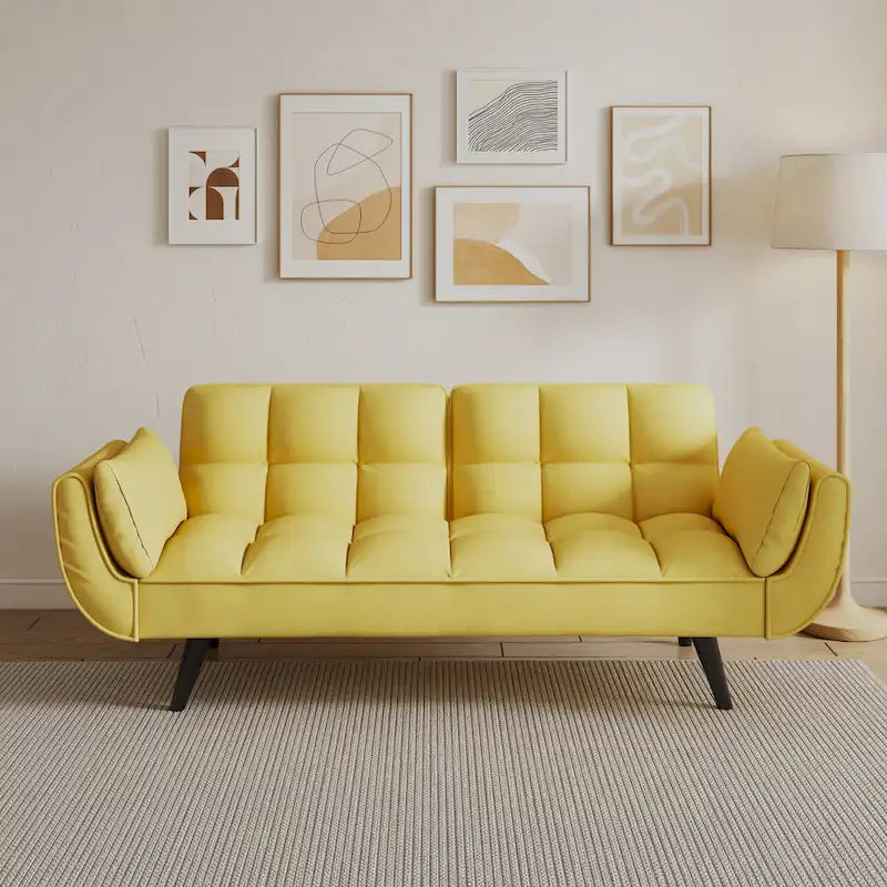 Canapé-lit 57, Futon confortable en mélange de polyester avec 2 oreillers carrés, Canapé-lit convertible avec dossier réglable