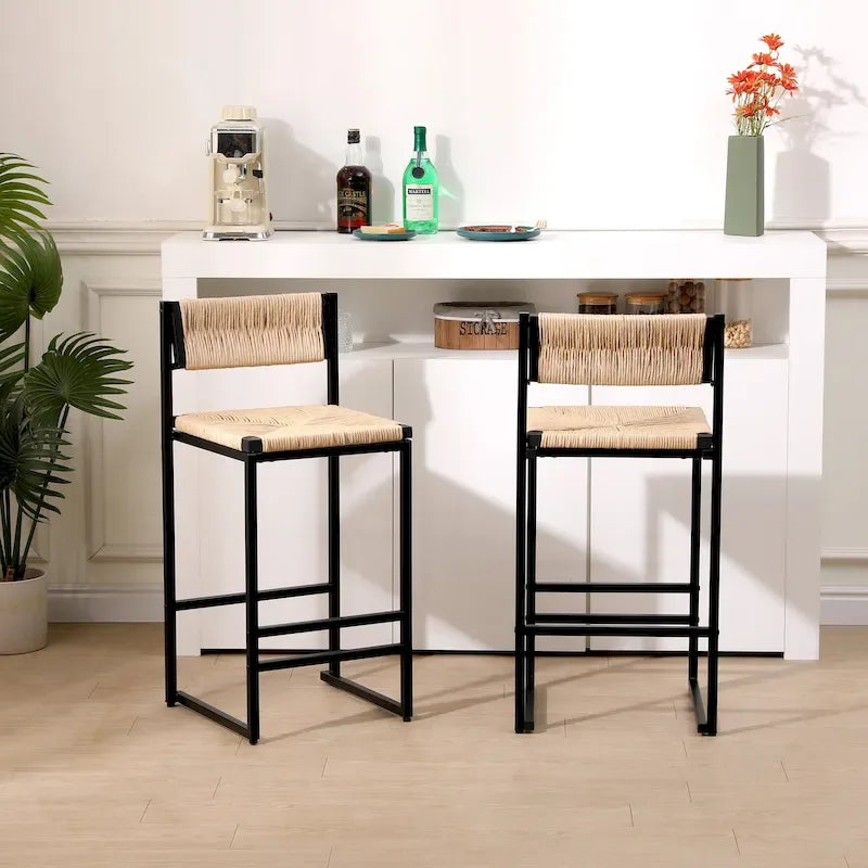 Tabourets de bar hauteur comptoir, lot de 2, chaises d'îlot de cuisine avec dossier, chaises de salle à manger sans accoudoirs avec tissage à la main