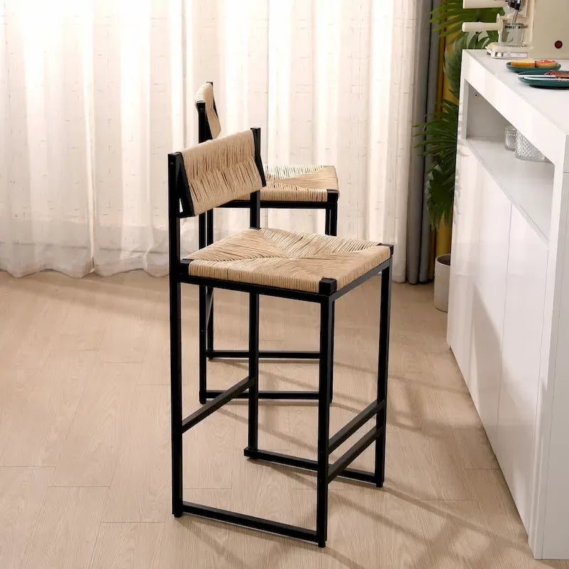 Tabourets de bar hauteur comptoir, lot de 2, chaises d'îlot de cuisine avec dossier, chaises de salle à manger sans accoudoirs avec tissage à la main