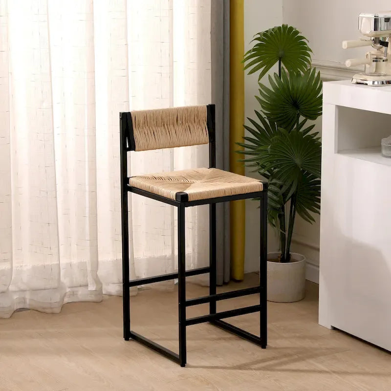 Tabourets de bar hauteur comptoir, lot de 2, chaises d'îlot de cuisine avec dossier, chaises de salle à manger sans accoudoirs avec tissage à la main