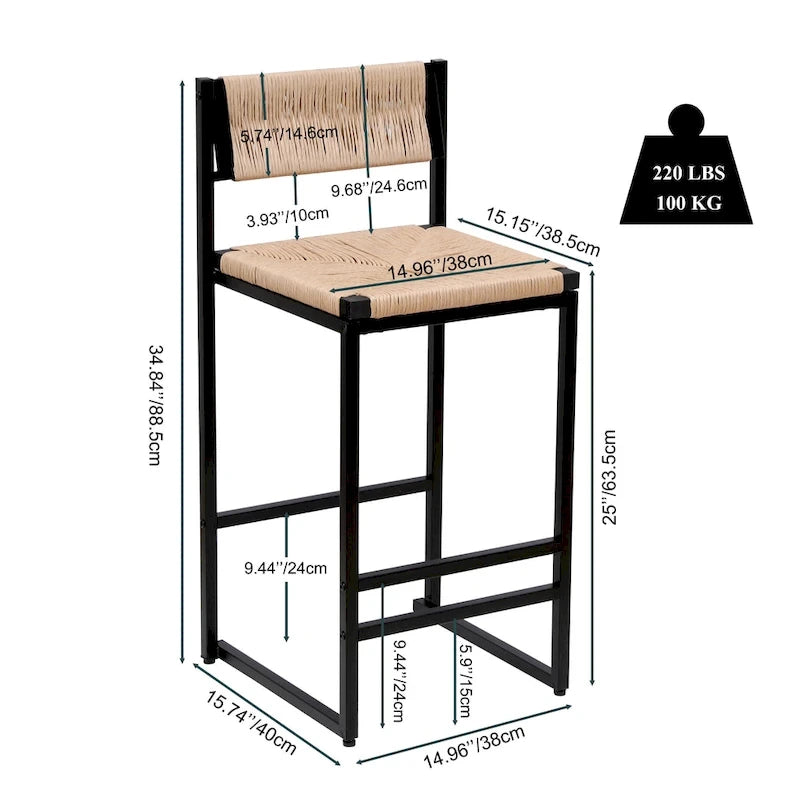 Tabourets de bar hauteur comptoir, lot de 2, chaises d'îlot de cuisine avec dossier, chaises de salle à manger sans accoudoirs avec tissage à la main