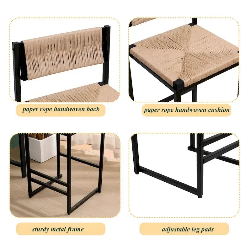 Tabourets de bar hauteur comptoir, lot de 2, chaises d'îlot de cuisine avec dossier, chaises de salle à manger sans accoudoirs avec tissage à la main