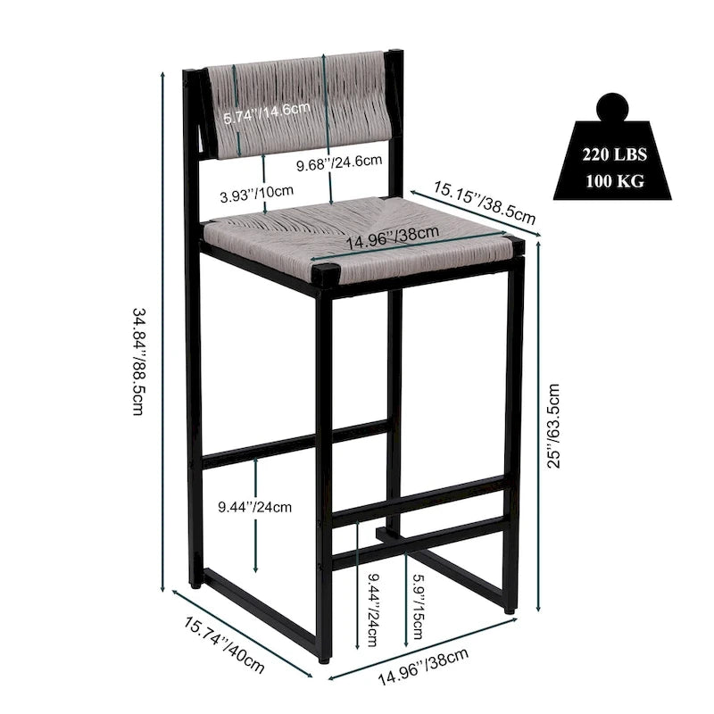 Tabourets de bar hauteur comptoir, lot de 2, chaises d'îlot de cuisine avec dossier, chaises de salle à manger sans accoudoirs avec tissage à la main