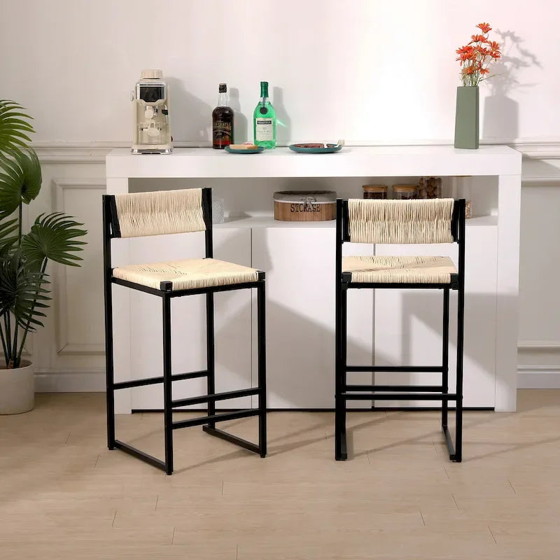 Tabourets de bar hauteur comptoir, lot de 2, chaises d'îlot de cuisine avec dossier, chaises de salle à manger sans accoudoirs avec tissage à la main