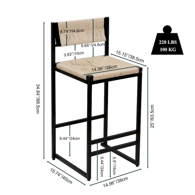 Tabourets de bar hauteur comptoir, lot de 2, chaises d'îlot de cuisine avec dossier, chaises de salle à manger sans accoudoirs avec tissage à la main