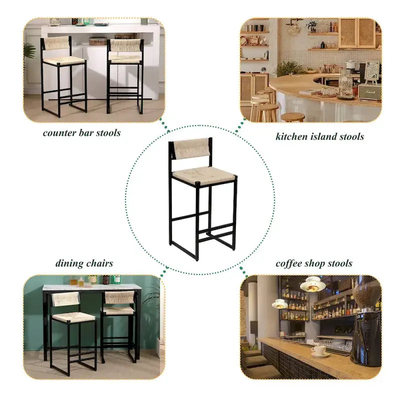 Tabourets de bar hauteur comptoir, lot de 2, chaises d'îlot de cuisine avec dossier, chaises de salle à manger sans accoudoirs avec tissage à la main