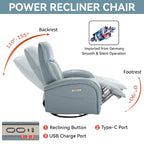 Fauteuil inclinable électrique en cuir véritable bleu avec fonction pivotante et port de chargement USB