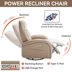 Fauteuil inclinable électrique en cuir véritable bleu avec fonction pivotante et port de chargement USB