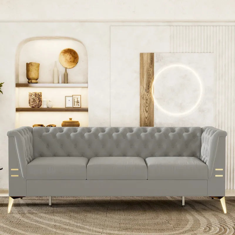 Canapé Chesterfield 3 places 82 en velours avec pieds en métal doré, éponge haute résilience et coussins amovibles
