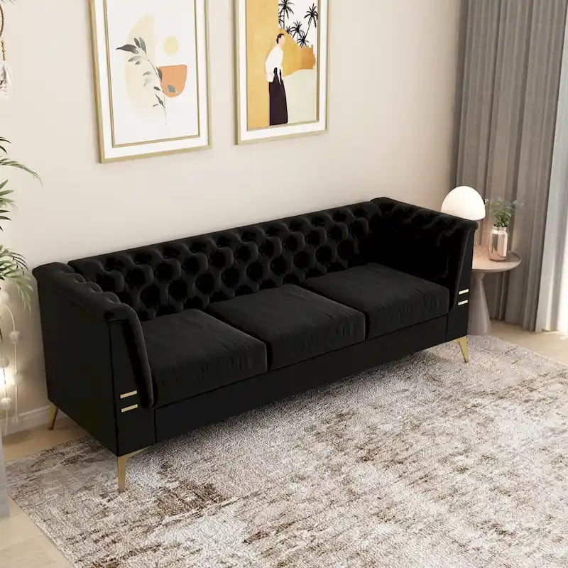 Canapé Chesterfield 3 places 82 en velours avec pieds en métal doré, éponge haute résilience et coussins amovibles
