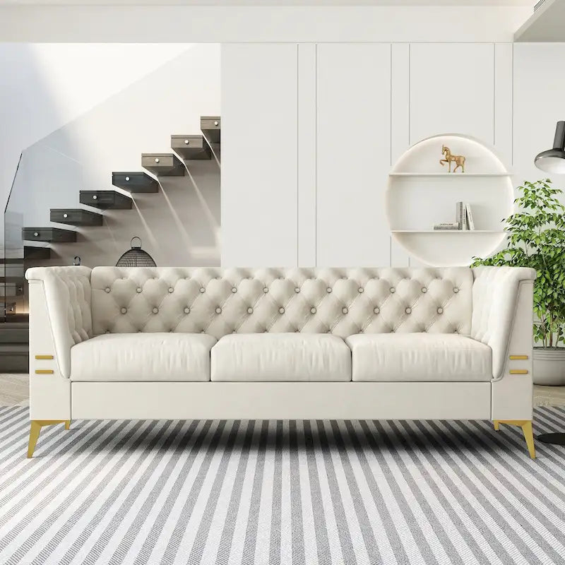 Canapé Chesterfield 3 places 82 en velours avec pieds en métal doré, éponge haute résilience et coussins amovibles