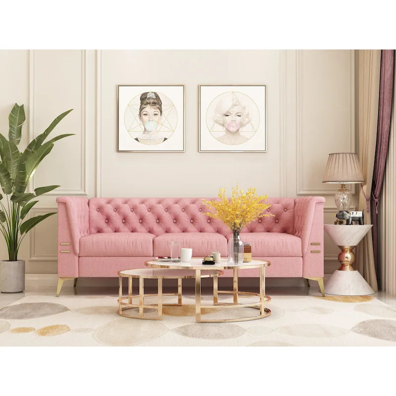 Canapé Chesterfield 3 places 82 en velours avec pieds en métal doré, éponge haute résilience et coussins amovibles