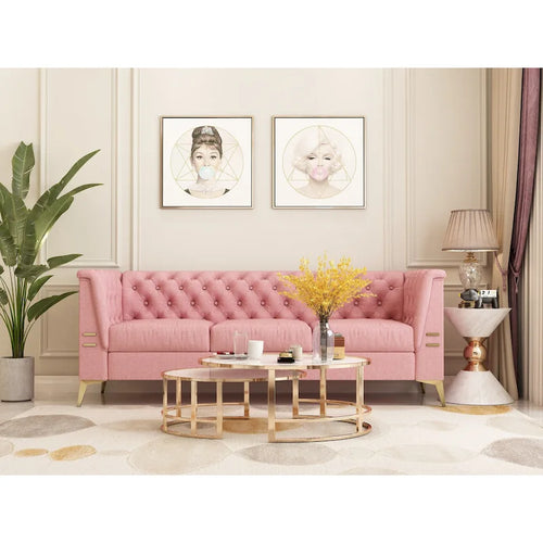 82 Velvet 3 Seater Chesterfield Sofa Couch with Gold Metal Legs, High Rebound Sponge and Removable Cushions