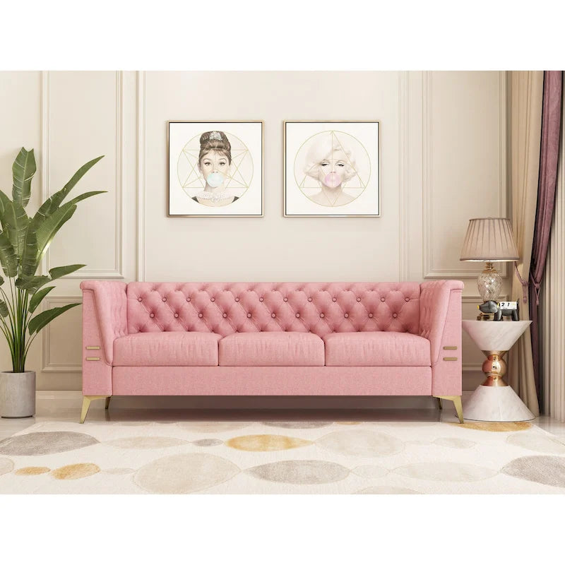 Canapé Chesterfield 3 places 82 en velours avec pieds en métal doré, éponge haute résilience et coussins amovibles
