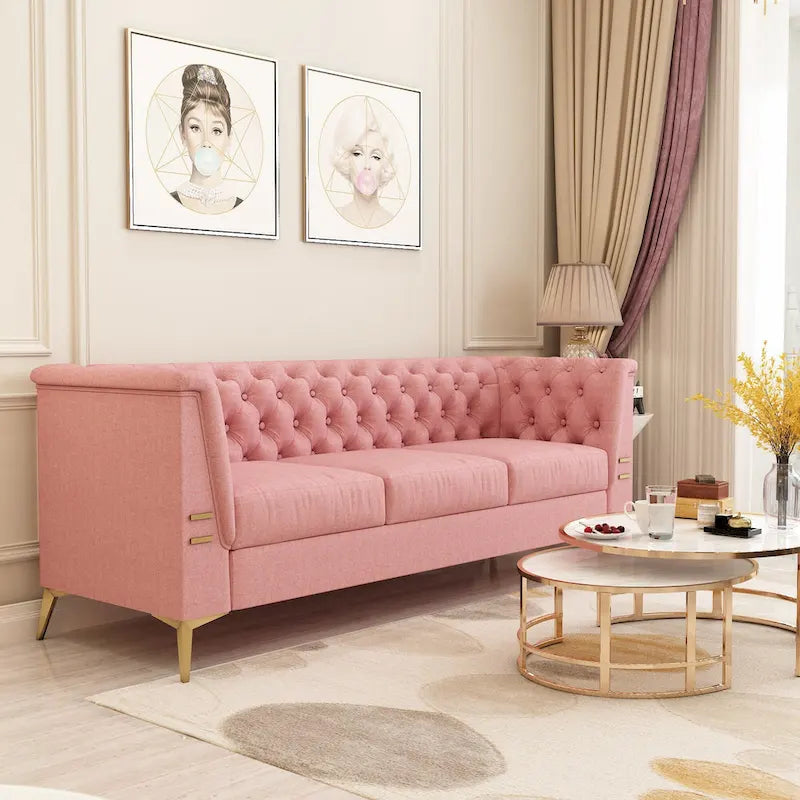 Canapé Chesterfield 3 places 82 en velours avec pieds en métal doré, éponge haute résilience et coussins amovibles