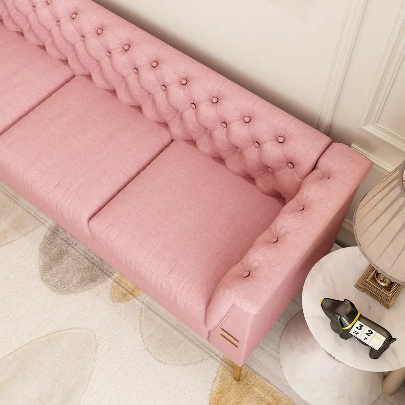 Canapé Chesterfield 3 places 82 en velours avec pieds en métal doré, éponge haute résilience et coussins amovibles
