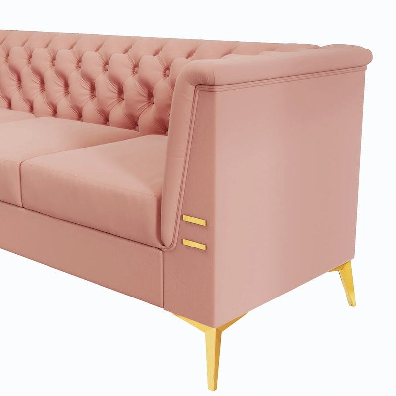 Canapé Chesterfield 3 places 82 en velours avec pieds en métal doré, éponge haute résilience et coussins amovibles