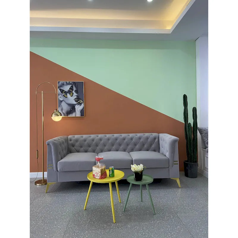 Canapé Chesterfield 3 places 82 en velours avec pieds en métal doré, éponge haute résilience et coussins amovibles