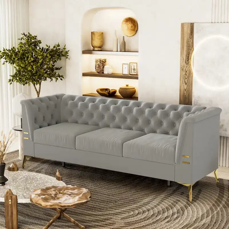 Canapé Chesterfield 3 places 82 en velours avec pieds en métal doré, éponge haute résilience et coussins amovibles