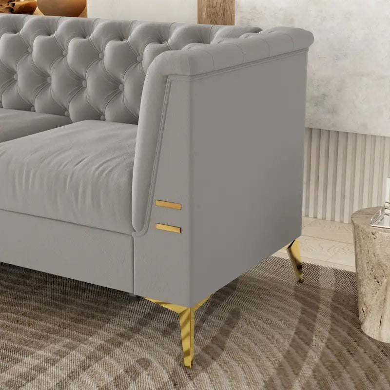 Canapé Chesterfield 3 places 82 en velours avec pieds en métal doré, éponge haute résilience et coussins amovibles