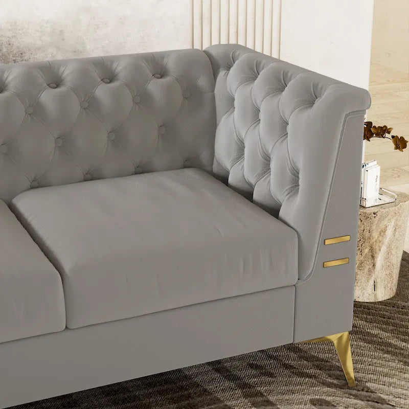 Canapé Chesterfield 3 places 82 en velours avec pieds en métal doré, éponge haute résilience et coussins amovibles