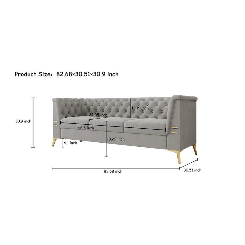 Canapé Chesterfield 3 places 82 en velours avec pieds en métal doré, éponge haute résilience et coussins amovibles