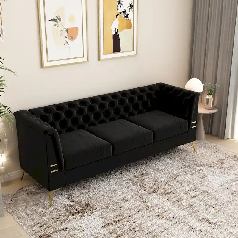 Canapé Chesterfield 3 places 82 en velours avec pieds en métal doré, éponge haute résilience et coussins amovibles