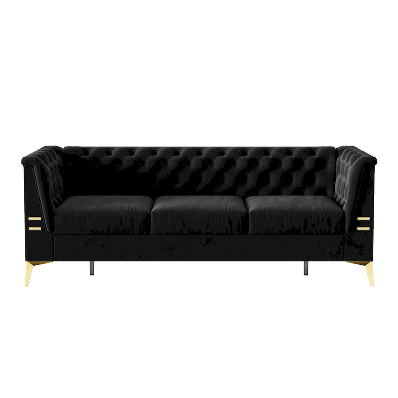 Canapé Chesterfield 3 places 82 en velours avec pieds en métal doré, éponge haute résilience et coussins amovibles