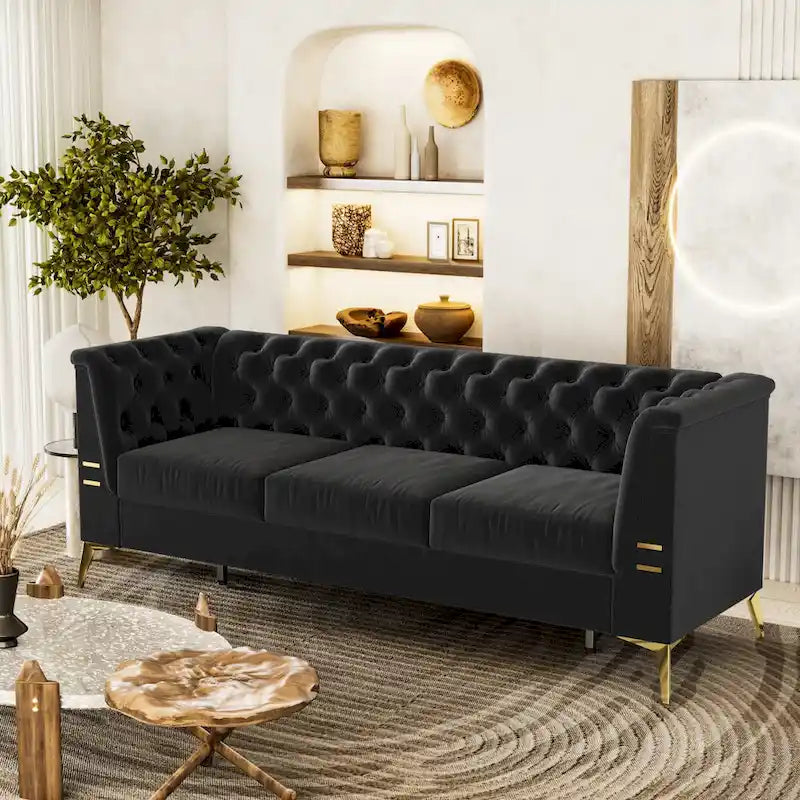 Canapé Chesterfield 3 places 82 en velours avec pieds en métal doré, éponge haute résilience et coussins amovibles