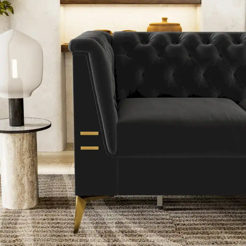 Canapé Chesterfield 3 places 82 en velours avec pieds en métal doré, éponge haute résilience et coussins amovibles