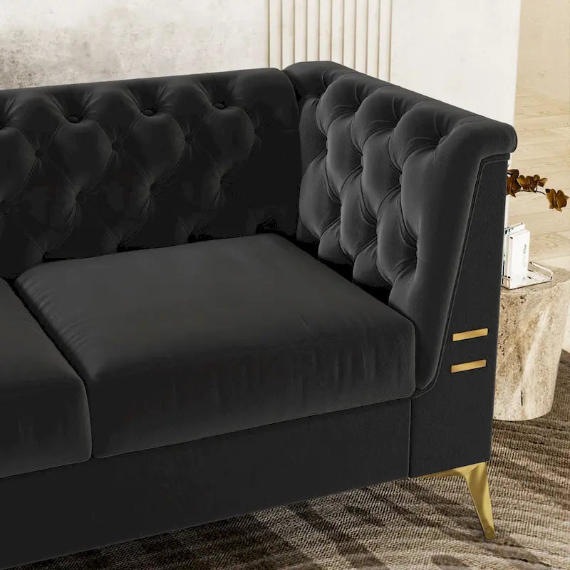 Canapé Chesterfield 3 places 82 en velours avec pieds en métal doré, éponge haute résilience et coussins amovibles