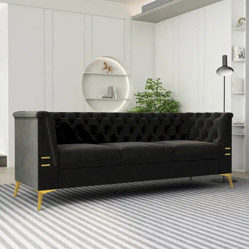 Canapé Chesterfield 3 places 82 en velours avec pieds en métal doré, éponge haute résilience et coussins amovibles