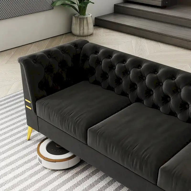 Canapé Chesterfield 3 places 82 en velours avec pieds en métal doré, éponge haute résilience et coussins amovibles
