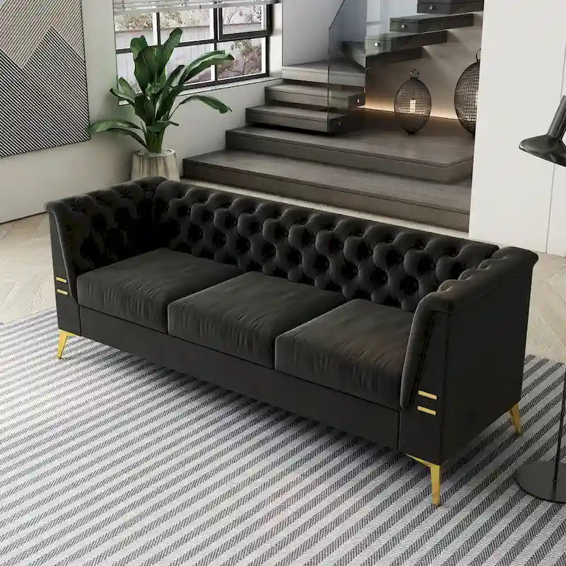 Canapé Chesterfield 3 places 82 en velours avec pieds en métal doré, éponge haute résilience et coussins amovibles
