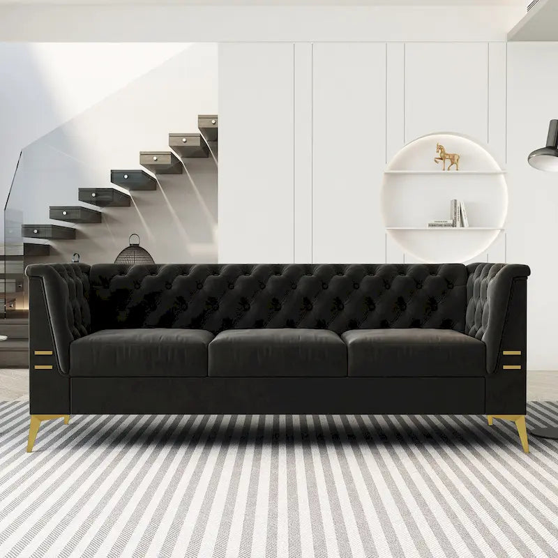 Canapé Chesterfield 3 places 82 en velours avec pieds en métal doré, éponge haute résilience et coussins amovibles