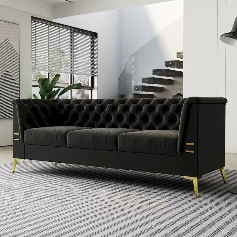 Canapé Chesterfield 3 places 82 en velours avec pieds en métal doré, éponge haute résilience et coussins amovibles
