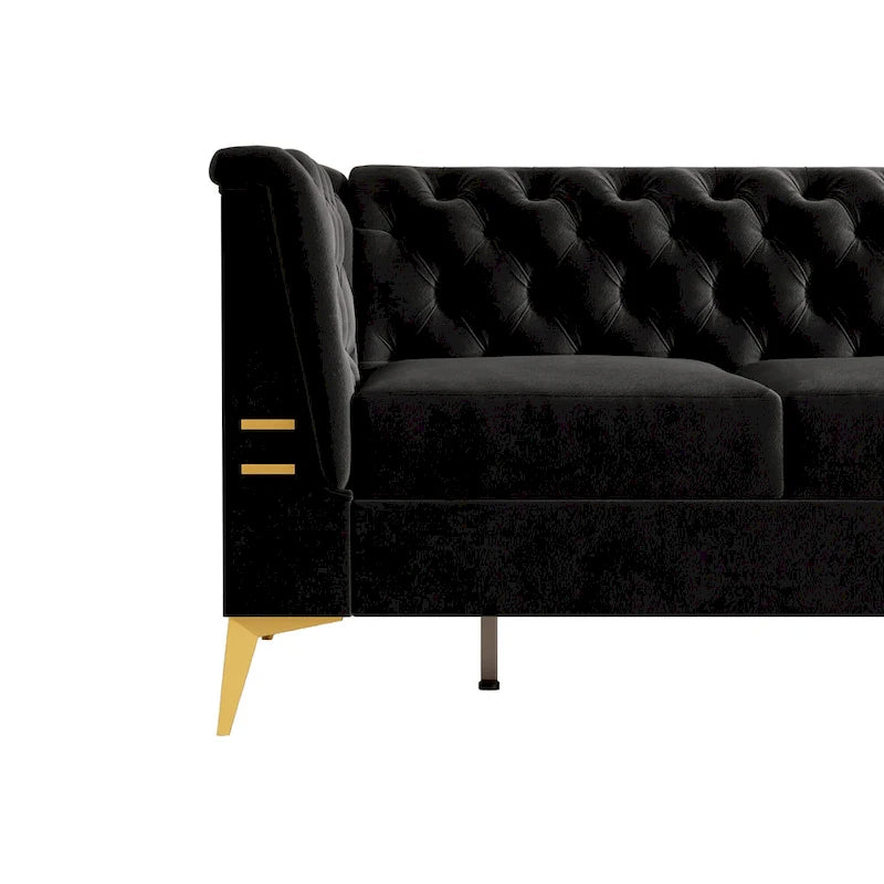 Canapé Chesterfield 3 places 82 en velours avec pieds en métal doré, éponge haute résilience et coussins amovibles