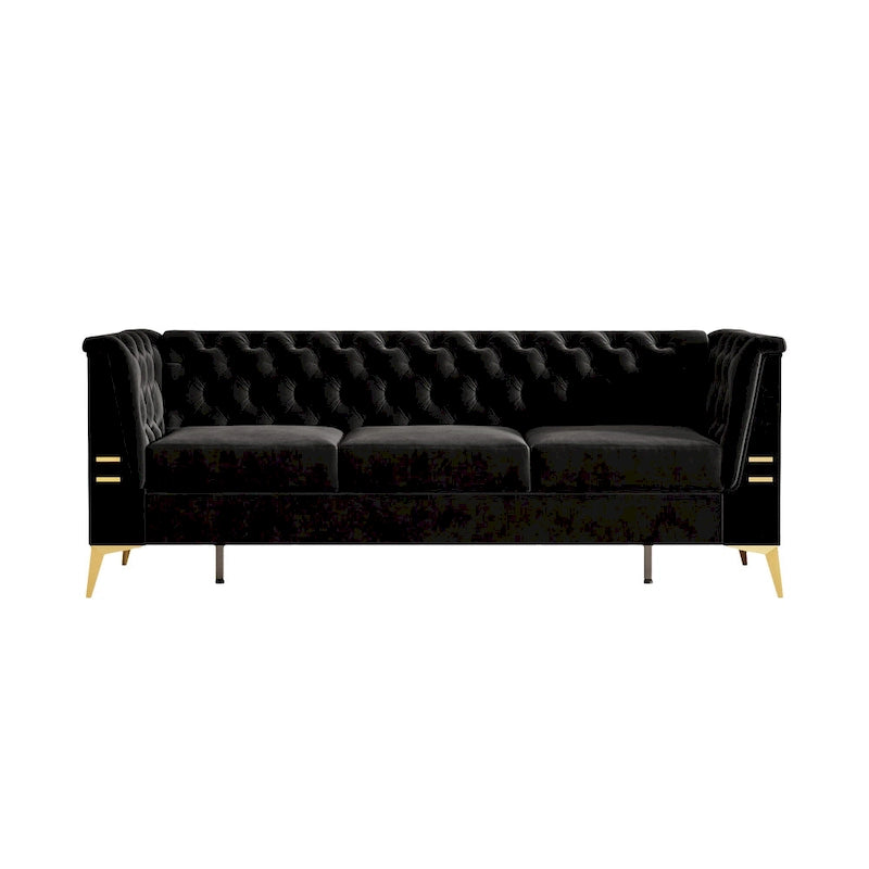 Canapé Chesterfield 3 places 82 en velours avec pieds en métal doré, éponge haute résilience et coussins amovibles