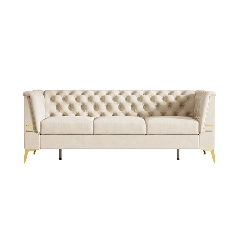 Canapé Chesterfield 3 places 82 en velours avec pieds en métal doré, éponge haute résilience et coussins amovibles