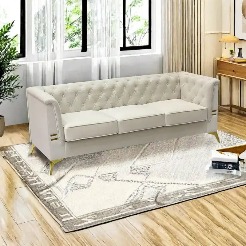 Canapé Chesterfield 3 places 82 en velours avec pieds en métal doré, éponge haute résilience et coussins amovibles