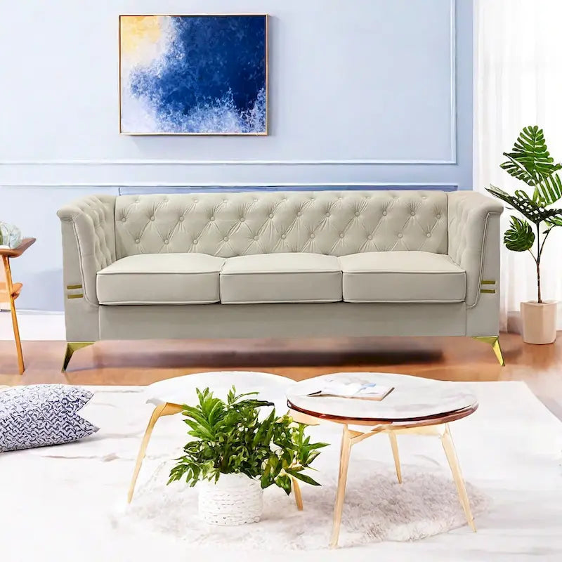 Canapé Chesterfield 3 places 82 en velours avec pieds en métal doré, éponge haute résilience et coussins amovibles