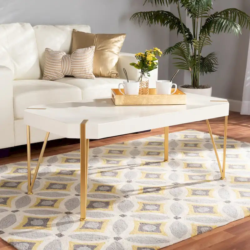 Kassa Glam Brushed Gold Metal and White Finished Wood Coffee Table