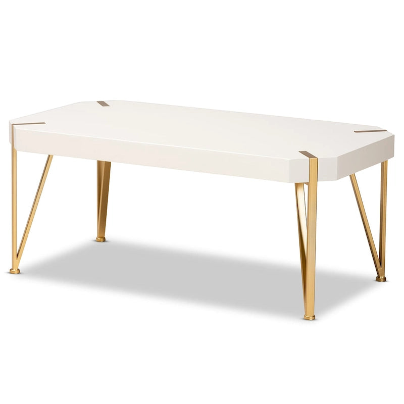 Table basse Glam en métal doré brossé et bois à finition blanche