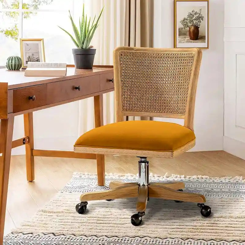 Chaise de travail moderne en rotin avec piètement en bois massif par