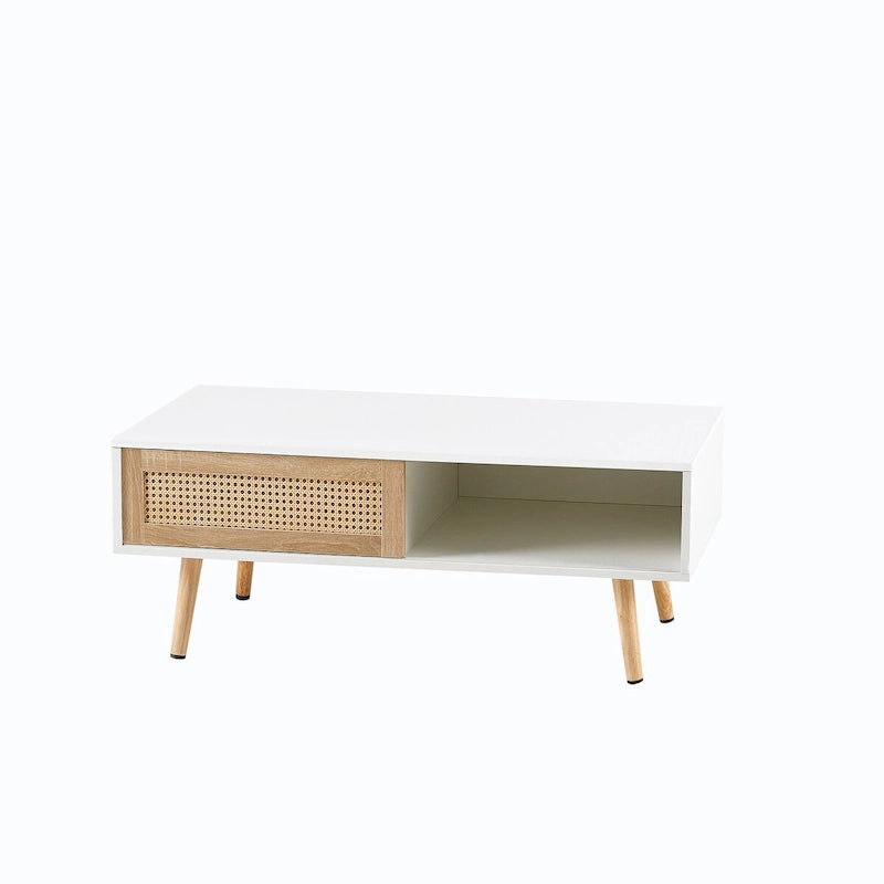 Table basse moderne, table basse rectangulaire en bois avec panneau de porte en rotin tressé et pieds en bois massif